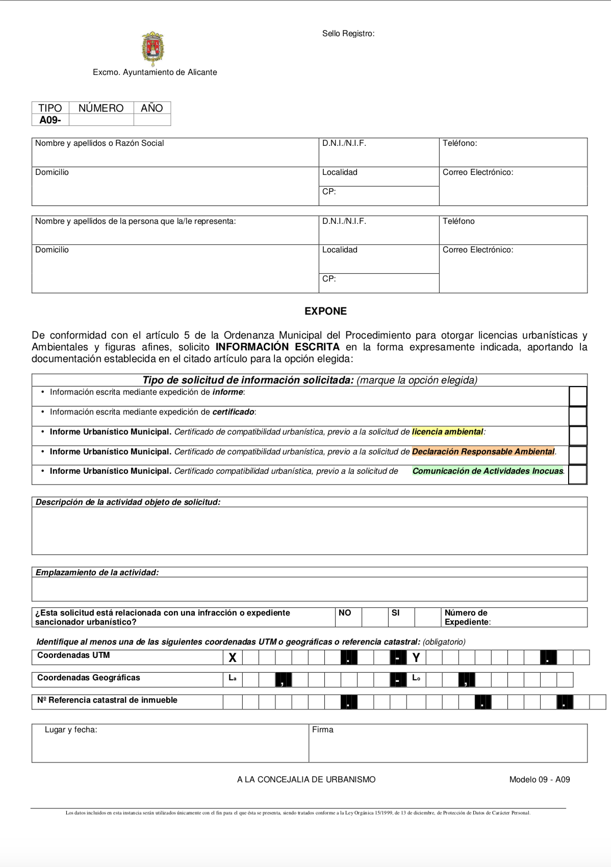 Impreso solicitud de informe municipal de la ciudad de Alicante