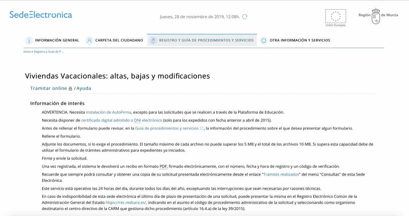 Registro de vivienda de uso turístico en Murcia. Tramitación on Line